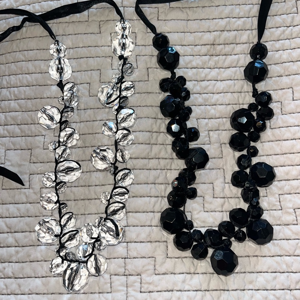 Vintage Acrylic Hard Plastic Faceted Bead Black Ribbon Necklace Statement